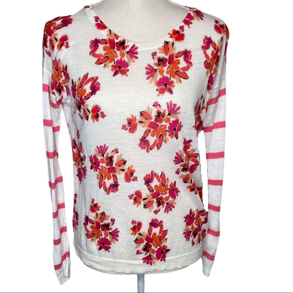 LOFT Crew Neck Floral Stripe Lightweight Sweater Size Small